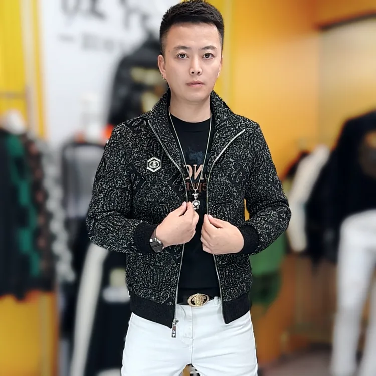 99005冬季新款时尚男士修身拉链长袖加棉外套