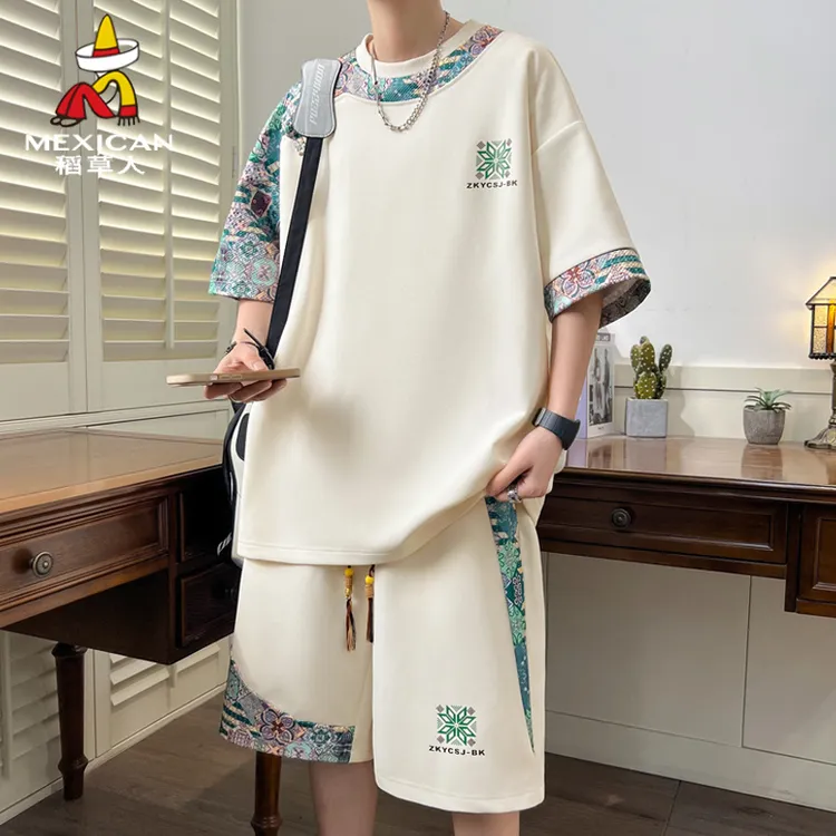 Mexican/稻草人男士短袖T恤夏季ins潮牌运动休闲套装新中式国潮风