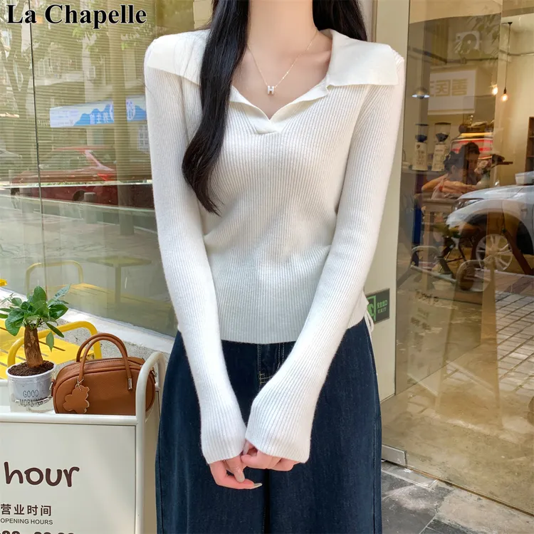 拉夏贝尔秋冬款显瘦保暖内搭打底衫女韩系风polo领长袖针织衫上衣