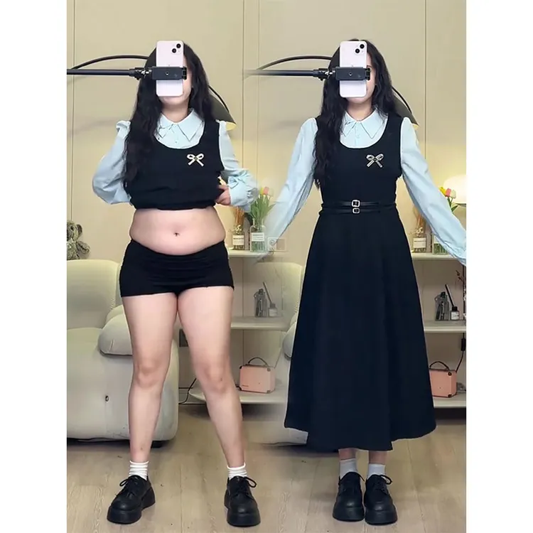 大码法式假两件连衣裙女2025新款秋季休闲衬衫裙胖MM遮肚显瘦裙子