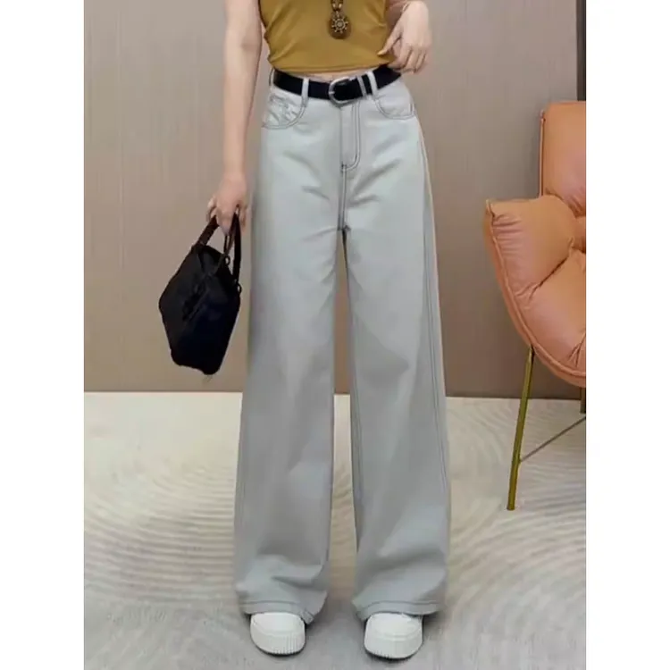 高级感莫兰迪灰阔腿牛仔裤女春秋2025年新款爆款女裤休闲直筒裤子