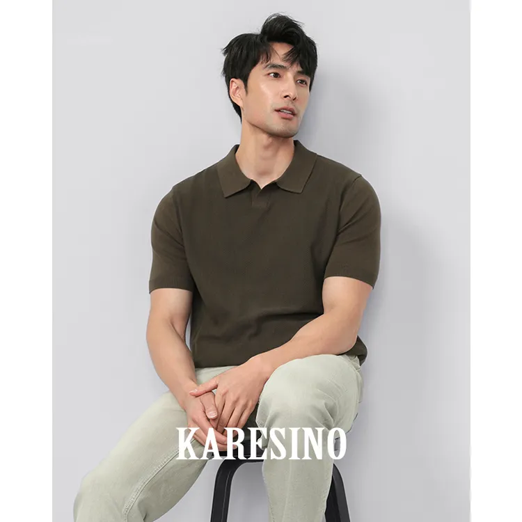 KARESINO夏季冰丝肌理感咖啡色针织polo衫男士海鸥领休闲短袖T恤