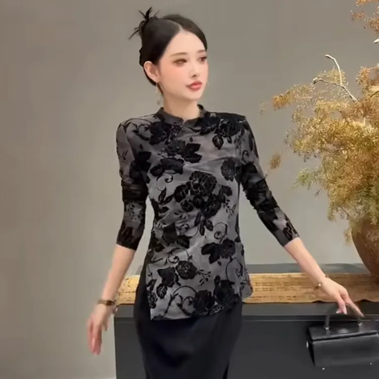 设计感开叉小衫女秋季2025新款修身显瘦时尚T恤植绒长袖洋气上衣