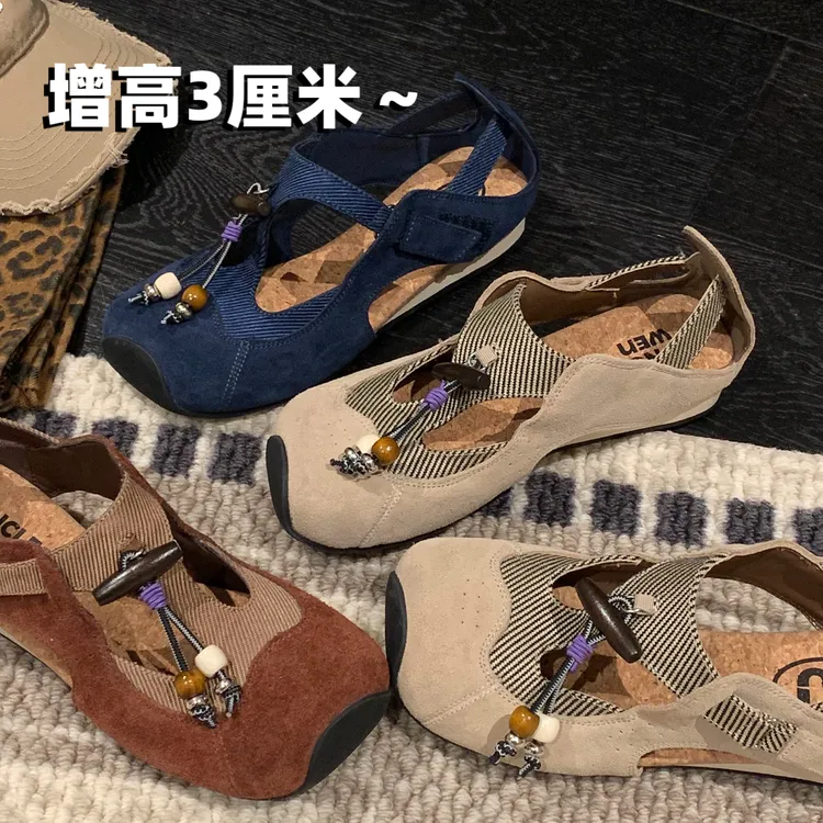 增高3cm~罗勒与松木-民族风木质调德训凉鞋休闲魔术贴芭蕾单鞋女