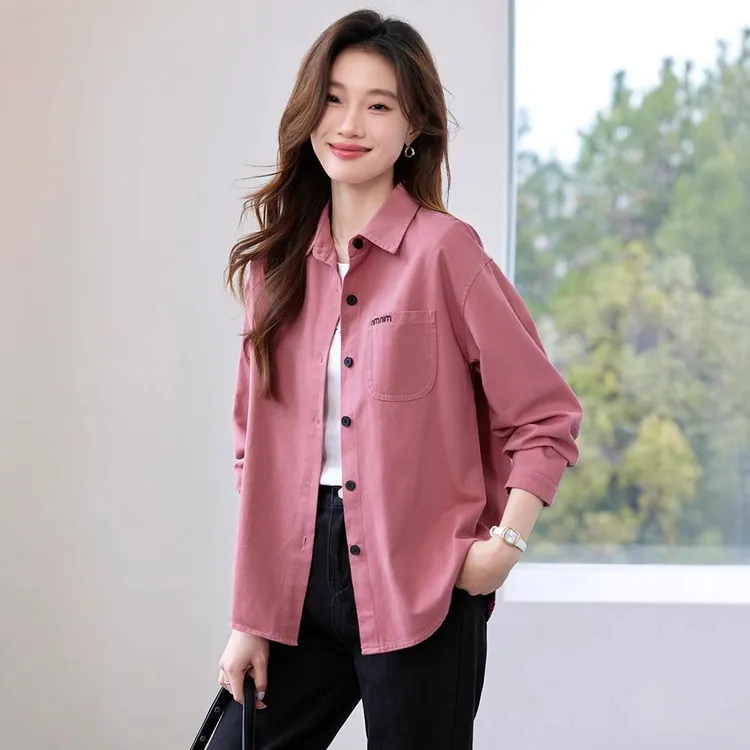 纯棉衬衫女秋季洋气上衣翻领外穿宽松早秋长袖衬衣外套小个子女款