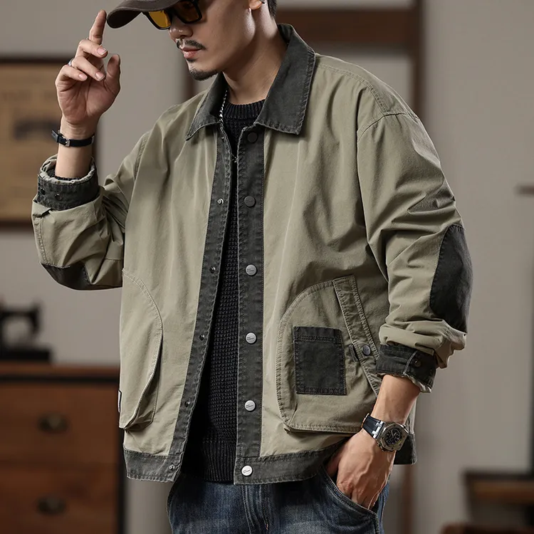 美式复古工装拼接撞色夹克男春秋季宽松大码潮牌翻领休闲外套上衣