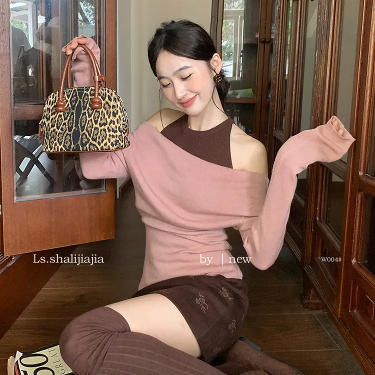 甜美撞色百搭针织衫广州十三行春款新品原创设计女装