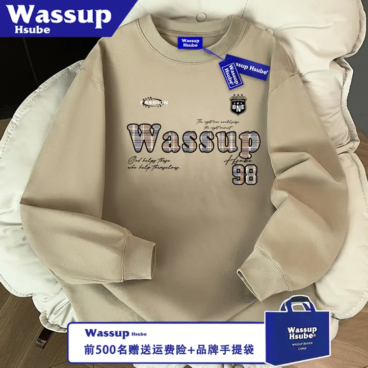 WASSUP HSUBE潮流宽松美式百搭长袖秋冬字母盾牌休闲印花情侣上衣