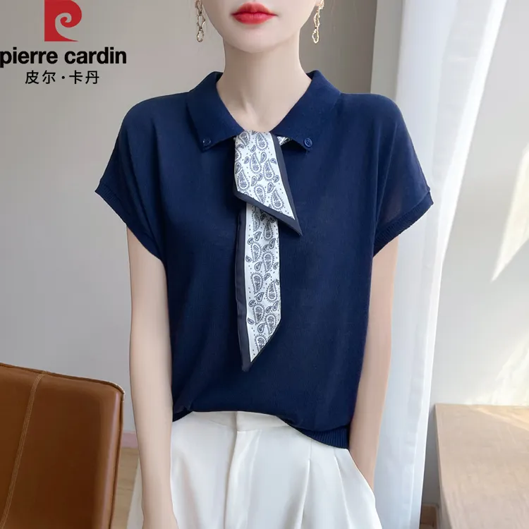 皮尔卡丹新款夏季时尚POLO领配印花丝巾短袖针织衫减龄洋气小众女