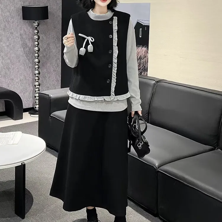 秋冬新款毛呢打底马甲半身裙三件套时尚气质遮肉显瘦洋气裙套装女