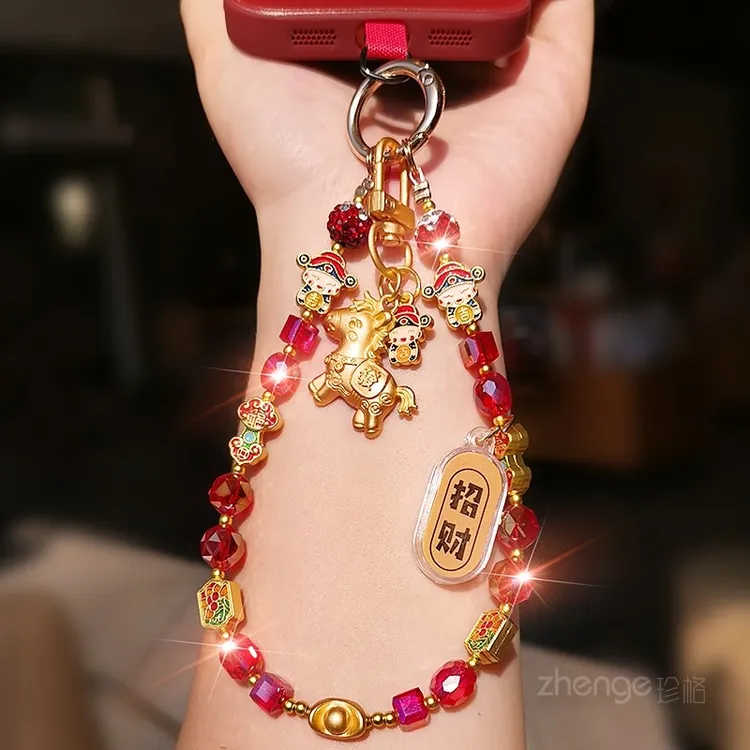 新年小马招财手机链串珠挂件女士新年红款超好看轻奢手腕手机壳链