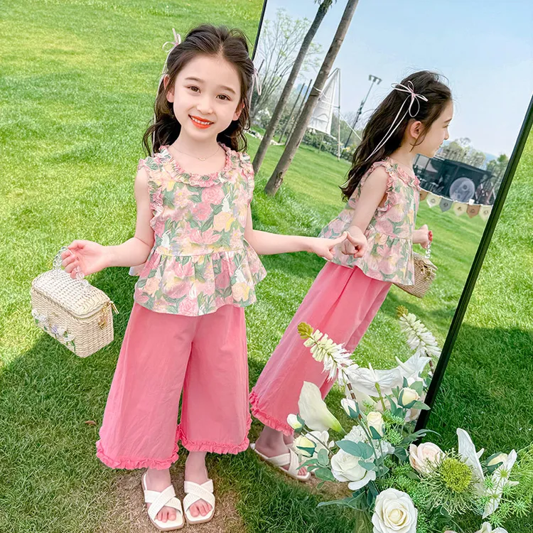 女童木耳边碎花夏装套装儿童洋气童装女宝宝夏季阔腿裤休闲两件限