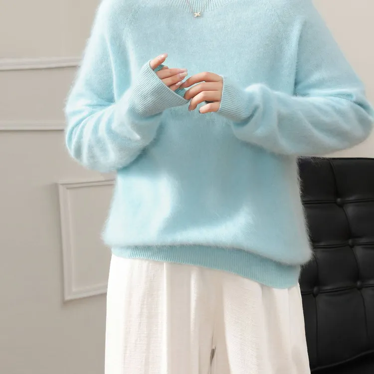 【羊绒】混纺 保暖老钱风拉毛针织衫显瘦冬季时尚衫套圆领9076