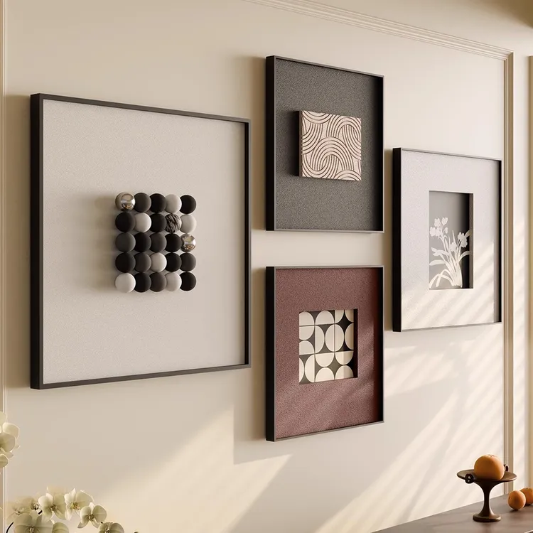 法式复古立体小球四联装饰画砂岩沙发背景挂画高级感组合多巴胺画