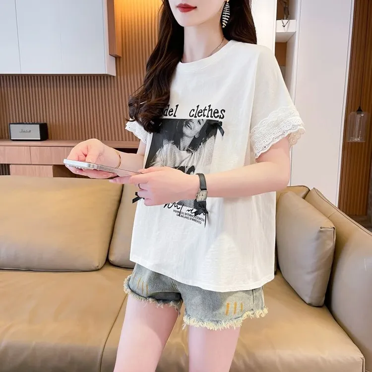 小个子纯棉T恤女生蝴蝶结夏季短袖宽松型拼接减龄夏装蕾丝韩版潮