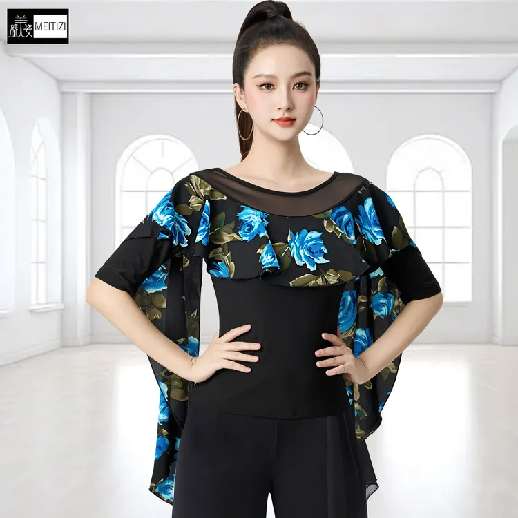 新款摩登舞服女上衣圆领网纱蓝色印花中袖拉丁舞广场舞交谊舞蹈服