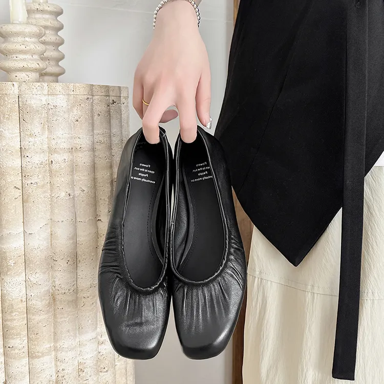 【岑苗】2.5cm/2025夏季新款浅口方头真皮单鞋软底中跟城市机能风女