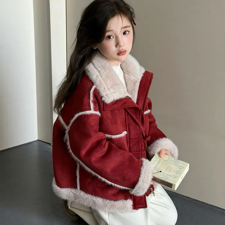 女童冬装加绒外套秋冬2025新款儿童加绒加厚红色拜年服儿童大衣潮