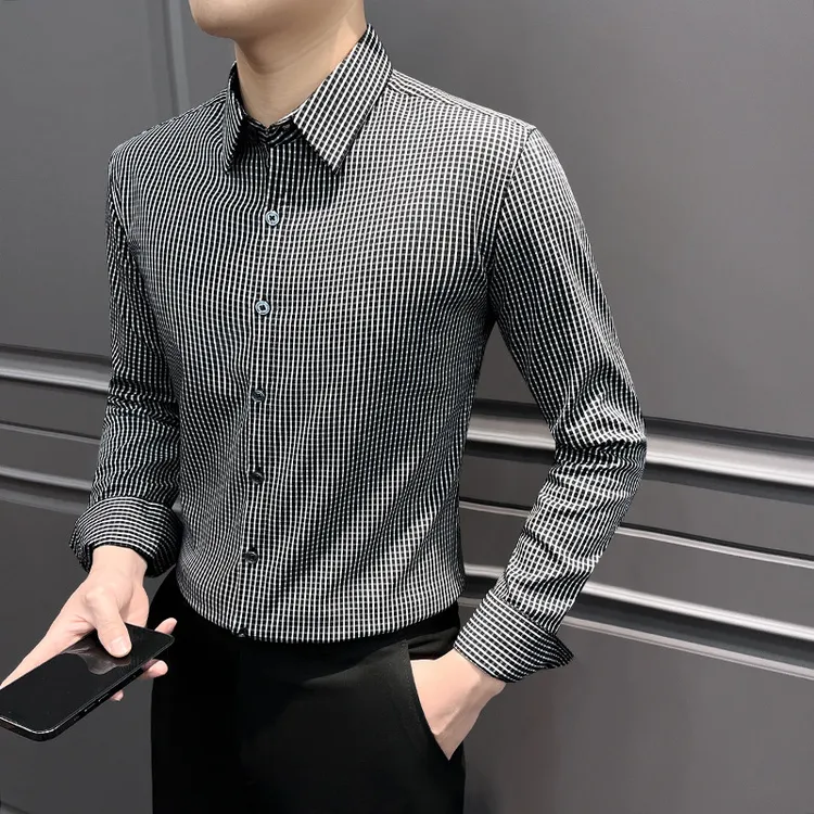 小格子衬衫男款长袖春季2025新款商务男装上衣高级感痞帅休闲衬衣