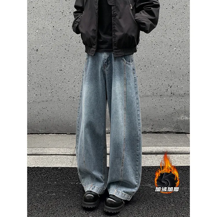 秋冬四季款美式复古明线弯刀阔型宽松水洗牛仔裤男女同款百搭休闲