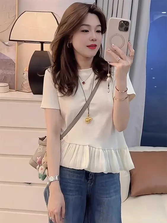 通勤T恤洋气圆领纯色短袖2025新款拼接荷叶边设计感气质百搭上衣