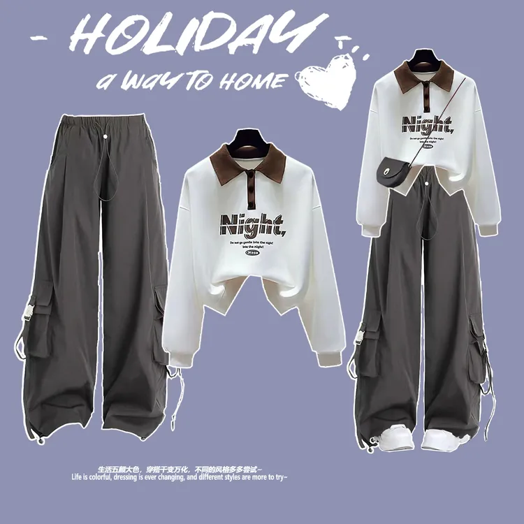 女童春秋设计感工装裤套装中大童12-15岁长袖T恤女学生潮牌两件套