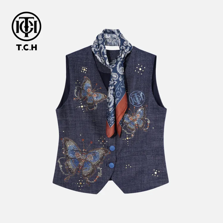 TCH轻奢烫钻工艺时尚休闲百搭气质蝴蝶马夹女T75B01E1002私服tch