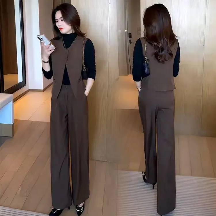 时尚套装女2025秋季新款洋气质西装马甲打底衫阔腿裤减龄三件套潮