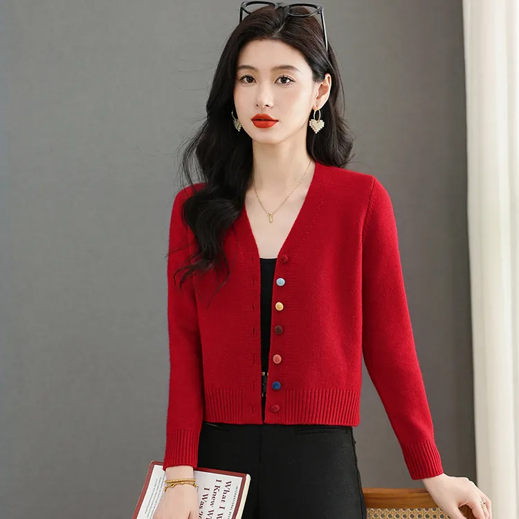 羊毛衫V领短款针织开衫女秋季配裙子外搭高腰毛衣外套