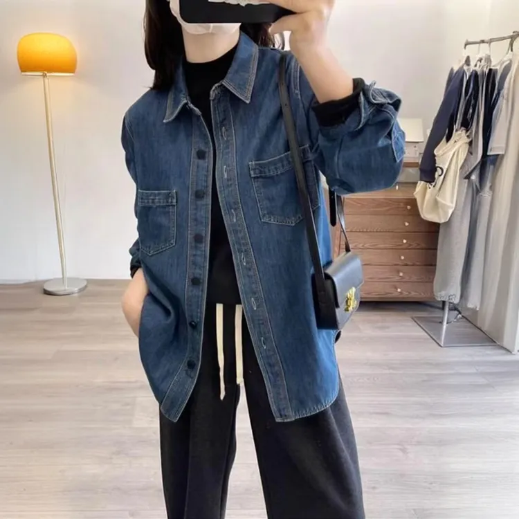 简约叠穿蓝色复古加绒牛仔衬衫女2025春秋新款休闲百搭衬衣外套潮