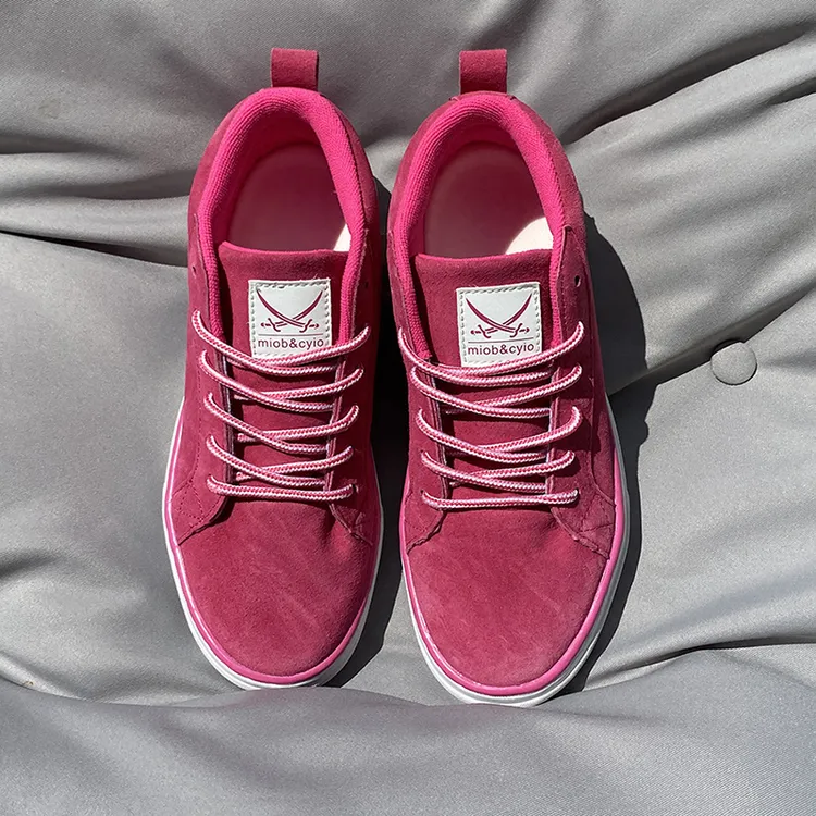 学院风秋冬休闲板鞋玫红色中帮男鞋女鞋运动休闲帆布鞋大码情侣款