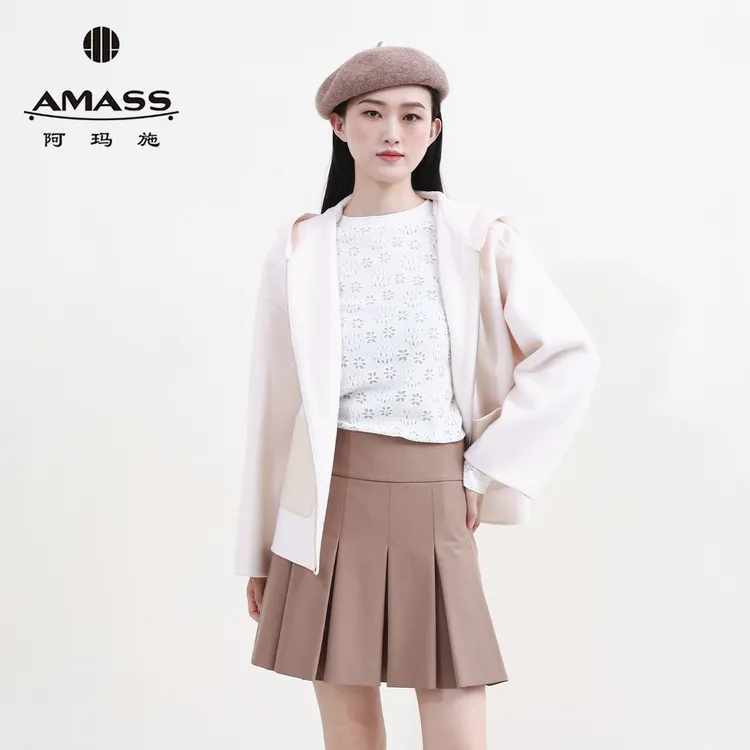 阿玛施/AMASS 新款秋冬时尚百搭气质宽松连帽拉链毛呢外套540034