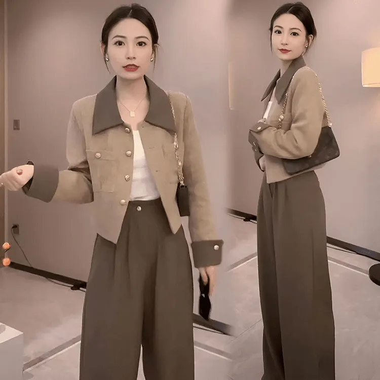 韩版潮流套装女2025春季新款小香风外套高腰直筒阔腿裤子两件套