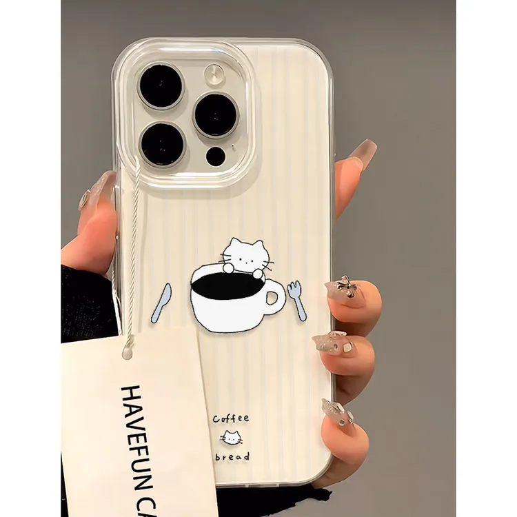 简约条纹咖啡猫咪适用iPhone16苹果13/15手机壳华为vivo小米oppo