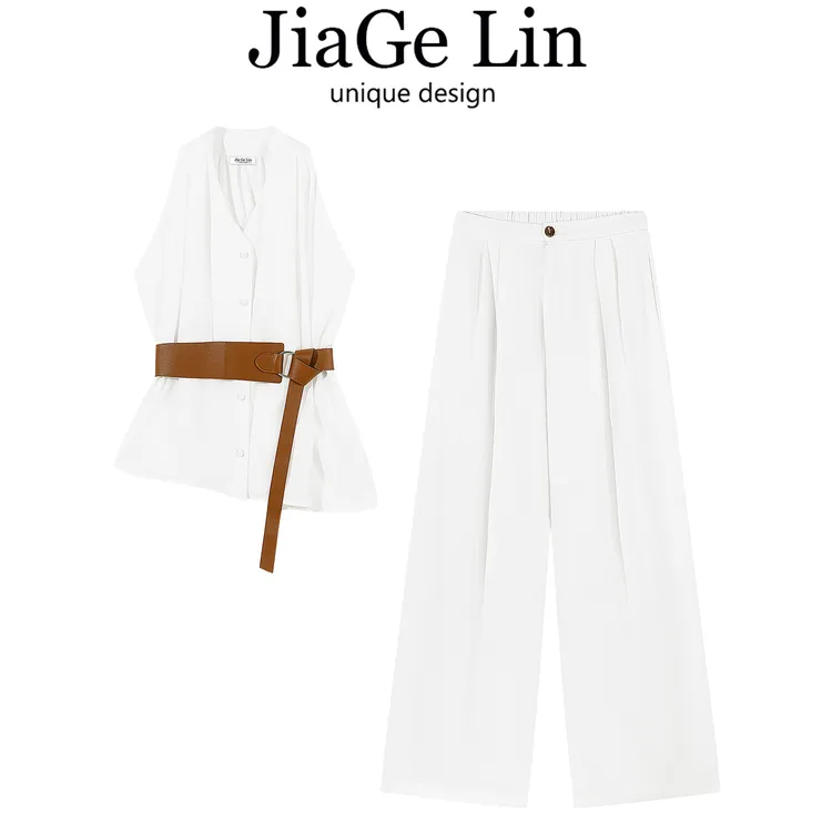 JiaGeLin韩系高级感气质无袖衬衫阔腿裤套装女夏季收腰显瘦两件套