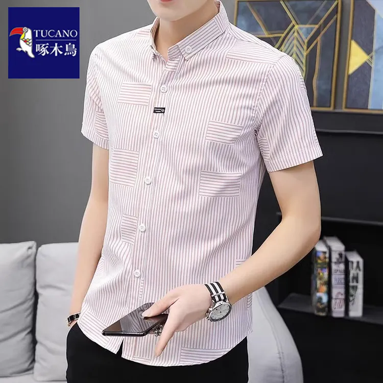 啄木鸟夏季薄款男士短袖衬衫韩版潮流修身上衣服帅气条纹衬衣男生