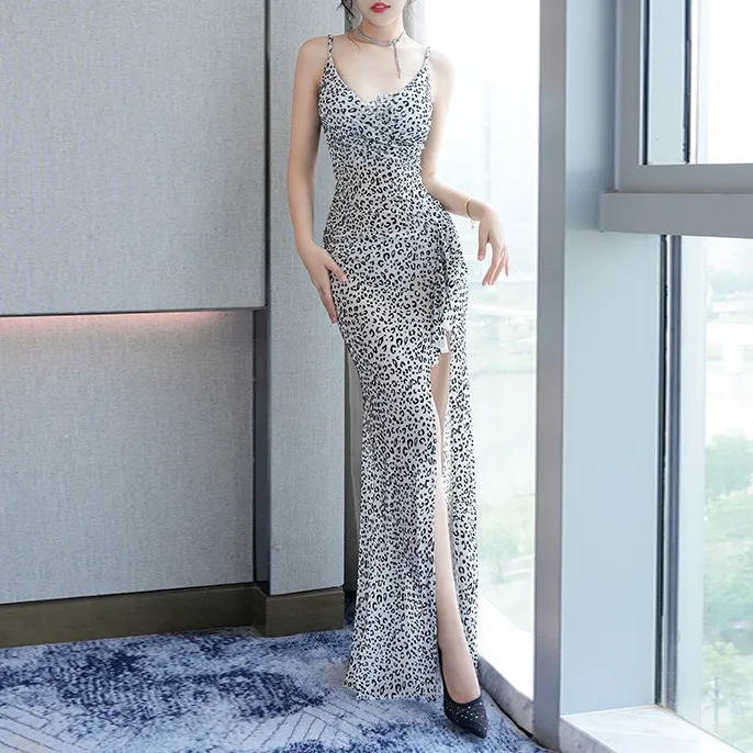 2025新款性感蕾丝豹纹诱惑开叉透视长款吊带露背显瘦气质时尚夏季