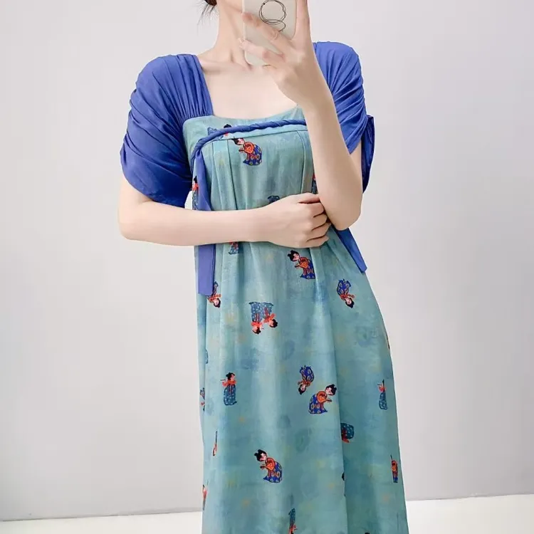 棉绸睡衣夏季薄款可外穿新中式方领睡裙女中国风女士时尚复古长裙