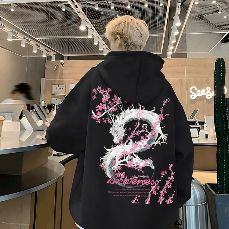 重磅美式情侣樱花白龙连帽卫衣男女同款秋冬季宽松高街慵懒上衣Y1