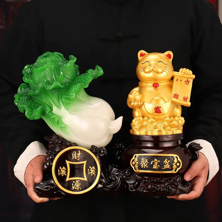 招财猫聚宝盆白菜摆件家居客厅玄关电视柜高档装饰品乔迁开业礼品