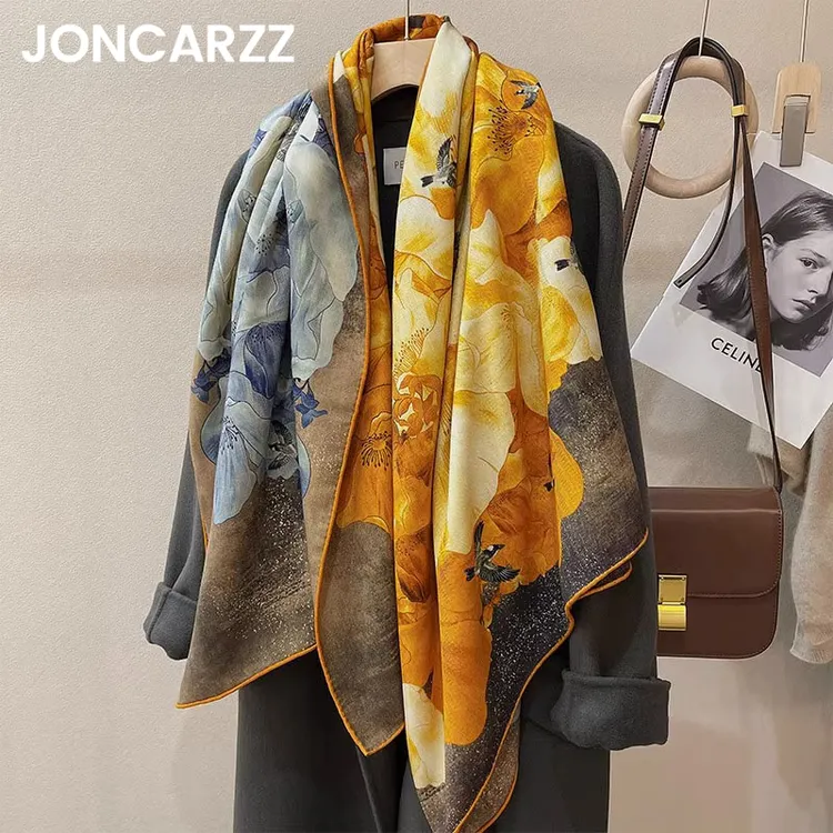 JONCARZZ羊毛围巾女高级双面双色保暖真丝大方巾两用披肩外搭