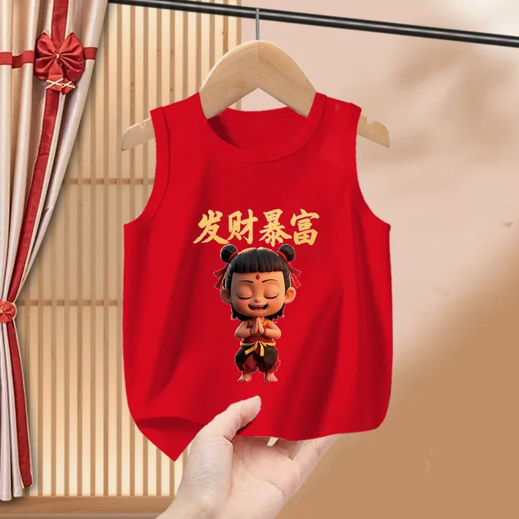 薄款无袖男童背心哪咤红色宝宝上衣小男孩衣服女童纯棉T夏季新年