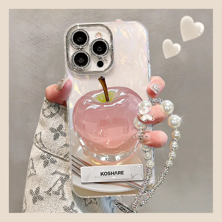 水晶苹果适用苹果15promax华为oppo小米iPhone16精孔贝壳纹手机壳