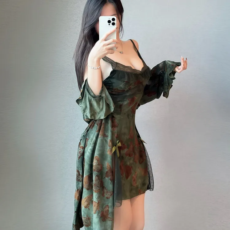 纯欲大码印花睡裙家居服甜美胸垫深加胸垫吊带外袍睡裙套装涤纶无