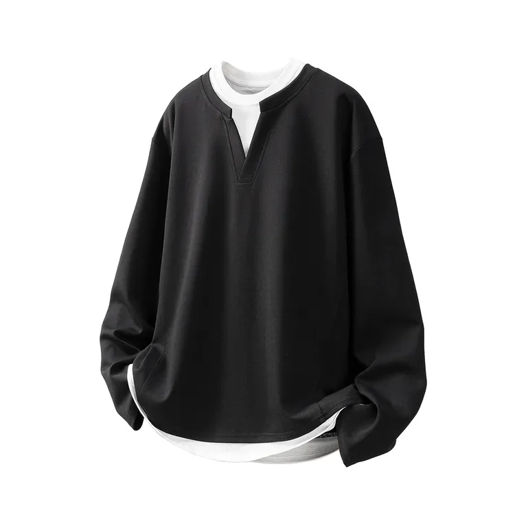 假两件长袖t恤男春季重磅纯棉美式圆领宽松拼接卫衣打底衫上衣