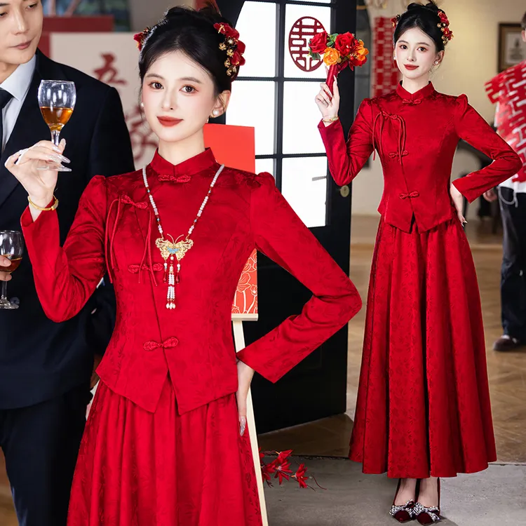 中国红旗袍小个子敬酒服汉元素提花出阁服新娘高端订婚新中式礼服