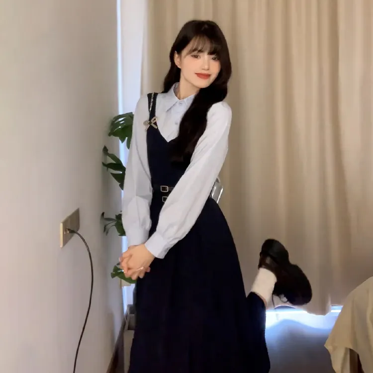 【现货+运补】学院风假两件背带秋季高级感穿搭一整套收腰长裙7961