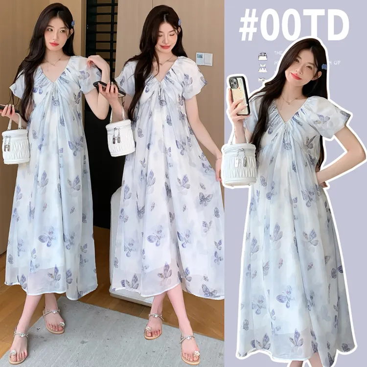 新款孕妇装夏季时尚温柔法式休闲碎花连衣裙大码宽松高质量孕妇裙