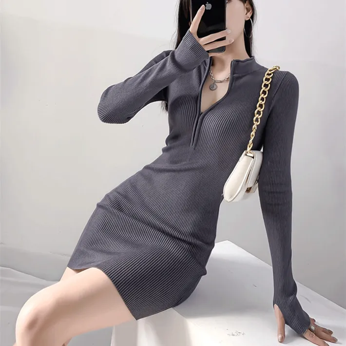 拉链半高领打底针织连衣裙女秋冬修身紧身包臀毛衣短裙子显瘦夏季