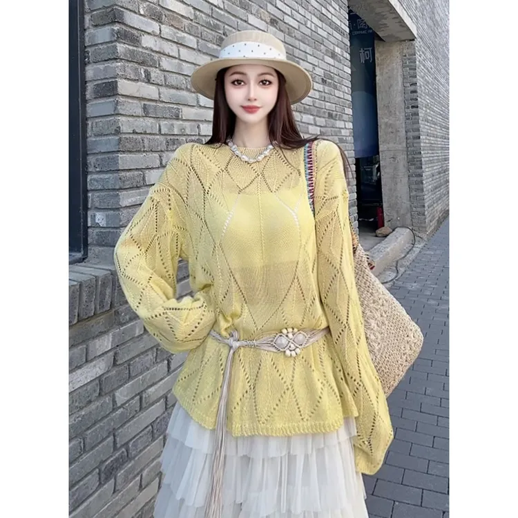 【大大梨】新款韩版菱形镂空针织衫女百搭时尚叠穿上衣sss1581